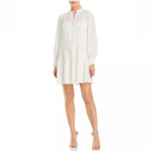 Rebecca Taylor 100% SILK Lace Mini Dress Ivory SMALL Slip On Long Sleeve Chic